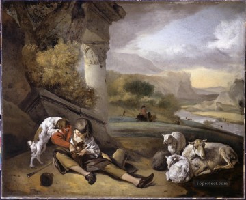 動物 Painting - ウィーニックス・ジャンの羊飼いの少年のある風景